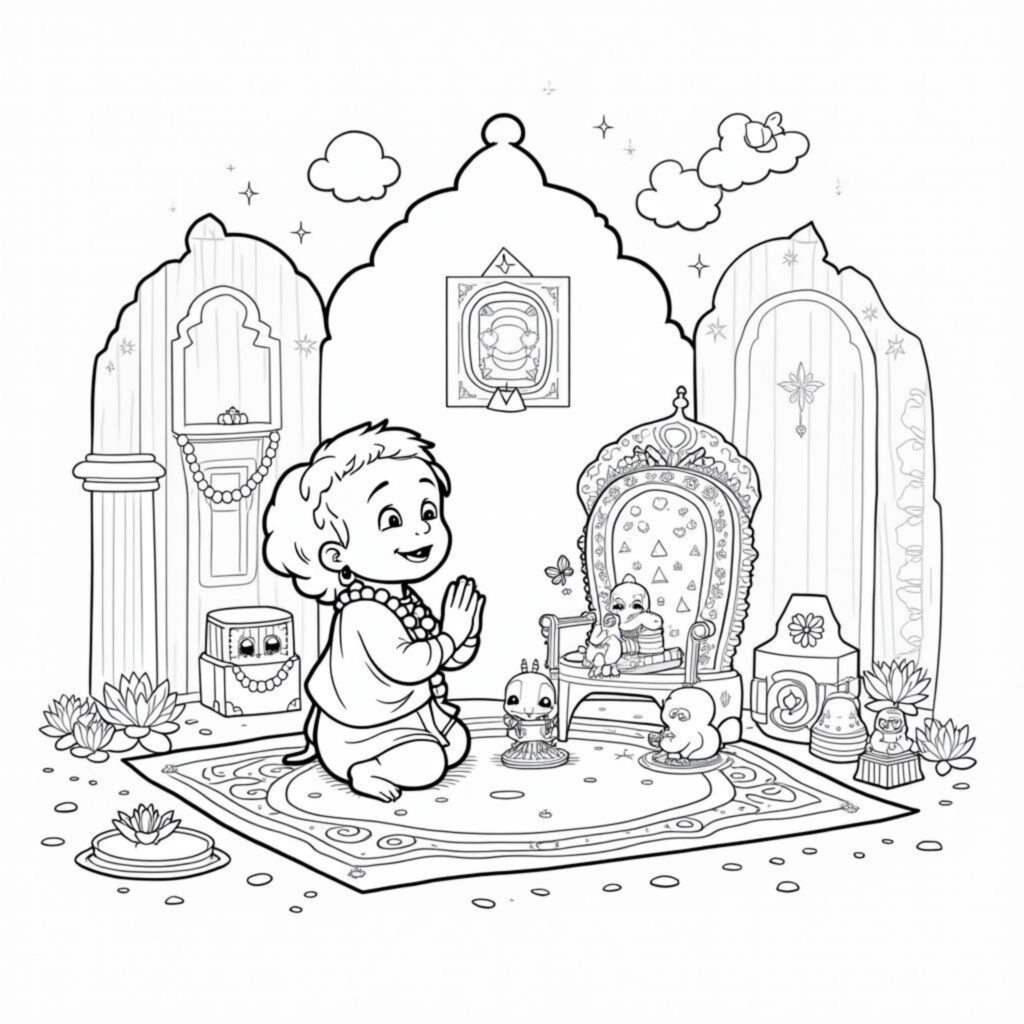 Baby-Krishna-auf-dem-Marmorthroncopyright-free-kostenlos-ausmalbild-malvorlage-coloringpage