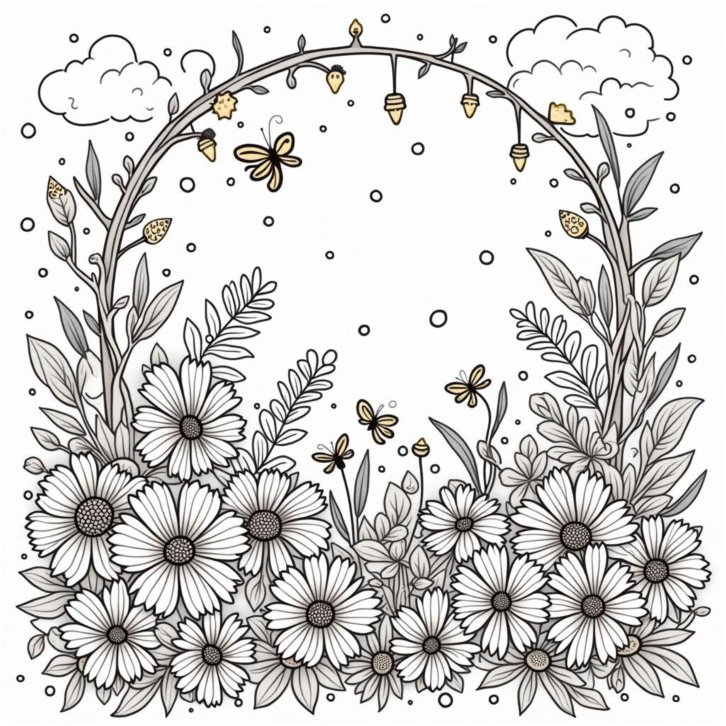 Blume-Wunderland-Syye-Blumen-auf-einem-Traumwimpelcopyright-free-kostenlos-ausmalbild-malvorlage-coloringpage