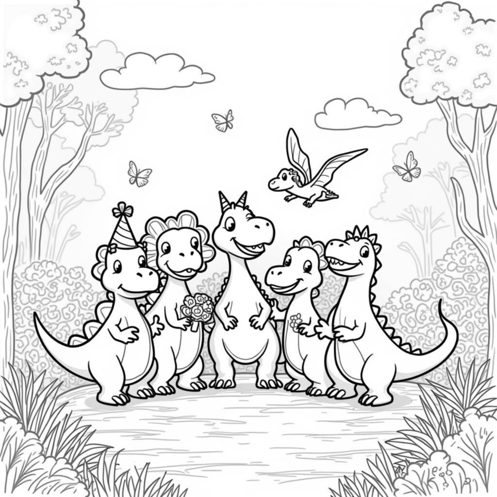 DinoFreunde-im-Gartenwunderlandcopyright-free-kostenlos-ausmalbild-malvorlage-coloringpage