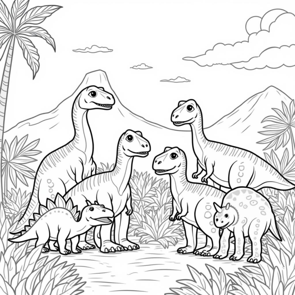 DinoFreunde-im-Vergnygtencopyright-free-kostenlos-ausmalbild-malvorlage-coloringpage