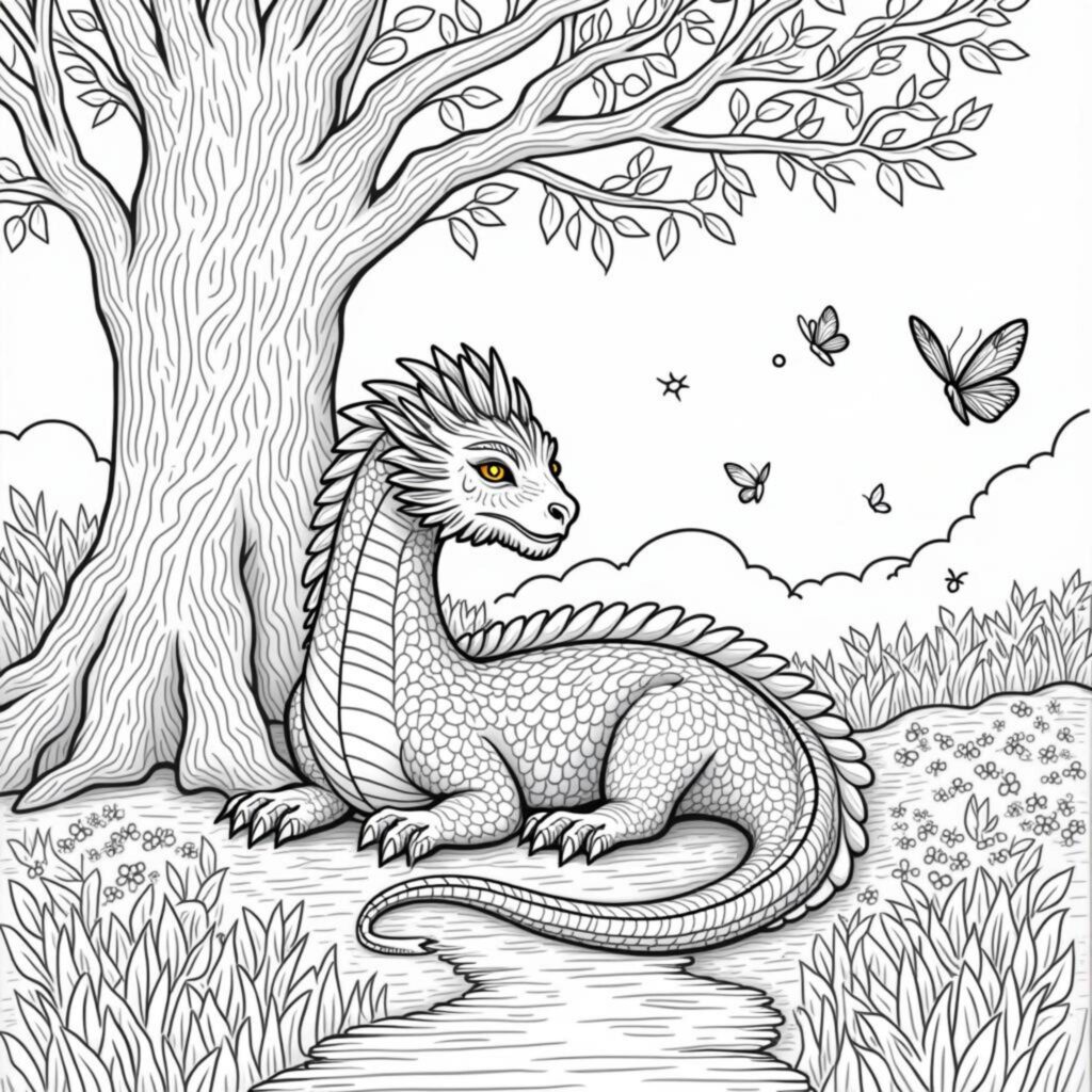 Drache-in-Der-Silberne-Lichtungcopyright-free-kostenlos-ausmalbild-malvorlage-coloringpage