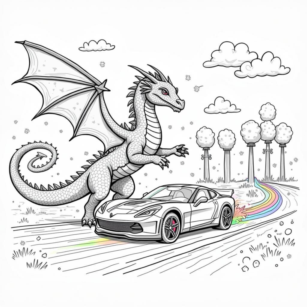 Dragon-Sportwagen-Rennstreckecopyright-free-kostenlos-ausmalbild-malvorlage-coloringpage