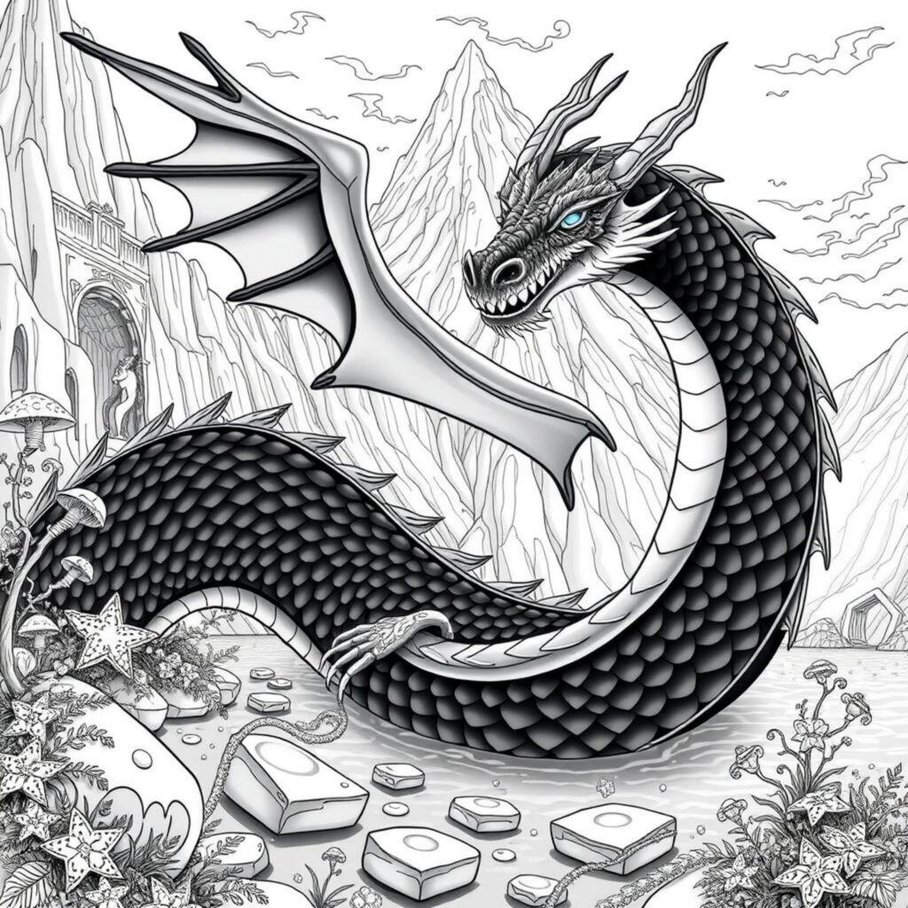 Dragonschaos-berg-seecopyright-free-kostenlos-ausmalbild-malvorlage-coloringpage
