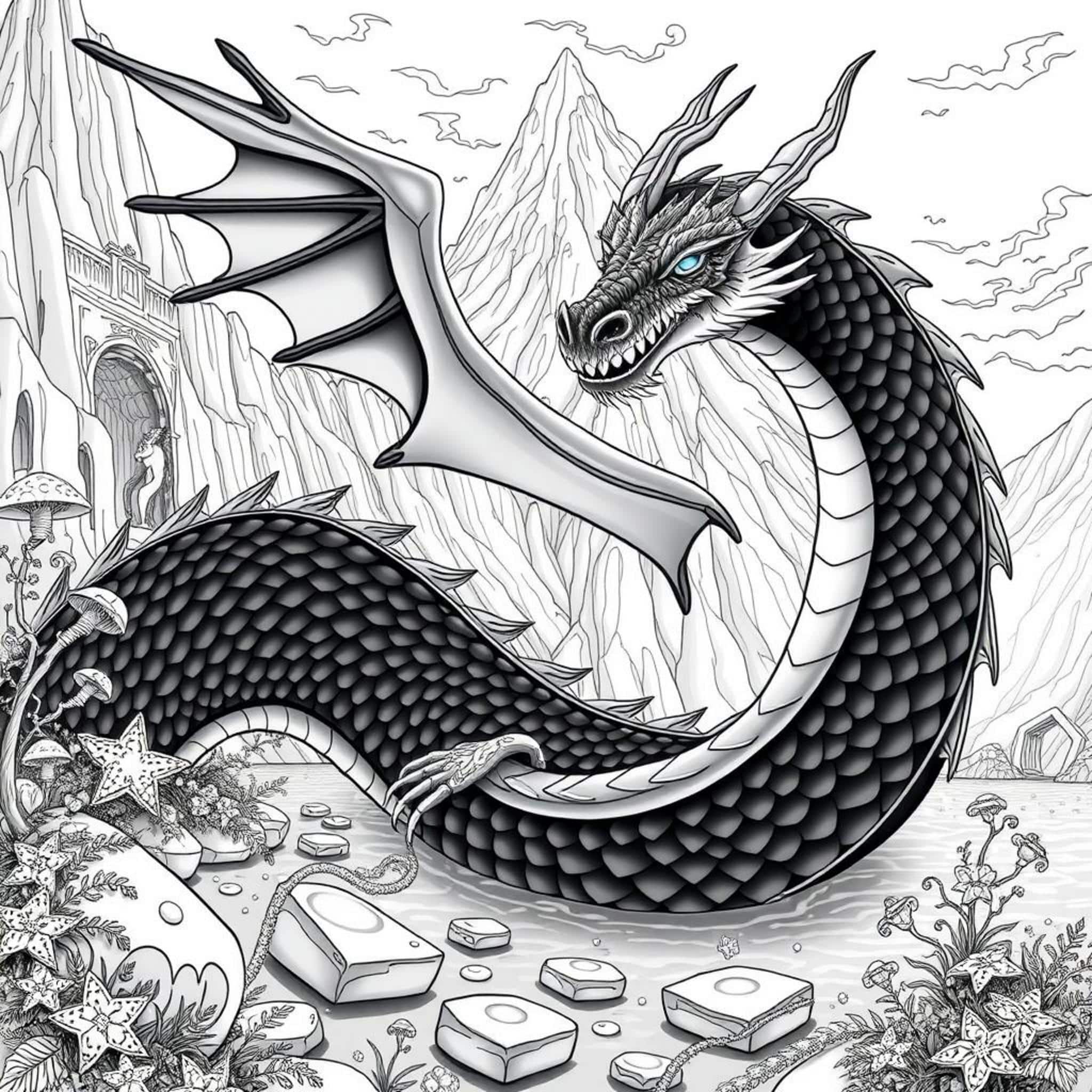 Dragonschaos-berg-seecopyright-free-kostenlos-ausmalbild-malvorlage-coloringpage