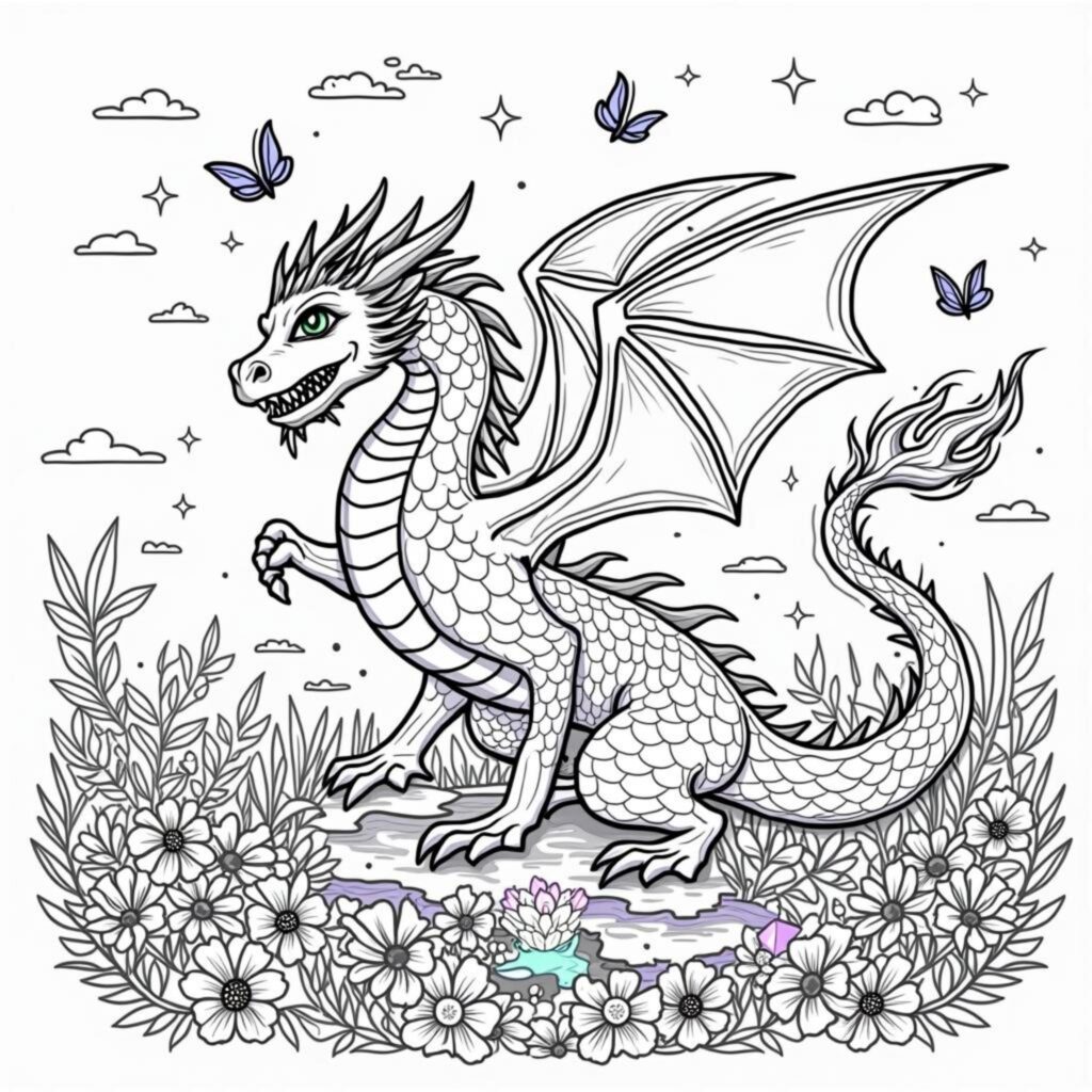 Feuerdrache-Magie-yberseecopyright-free-kostenlos-ausmalbild-malvorlage-coloringpage