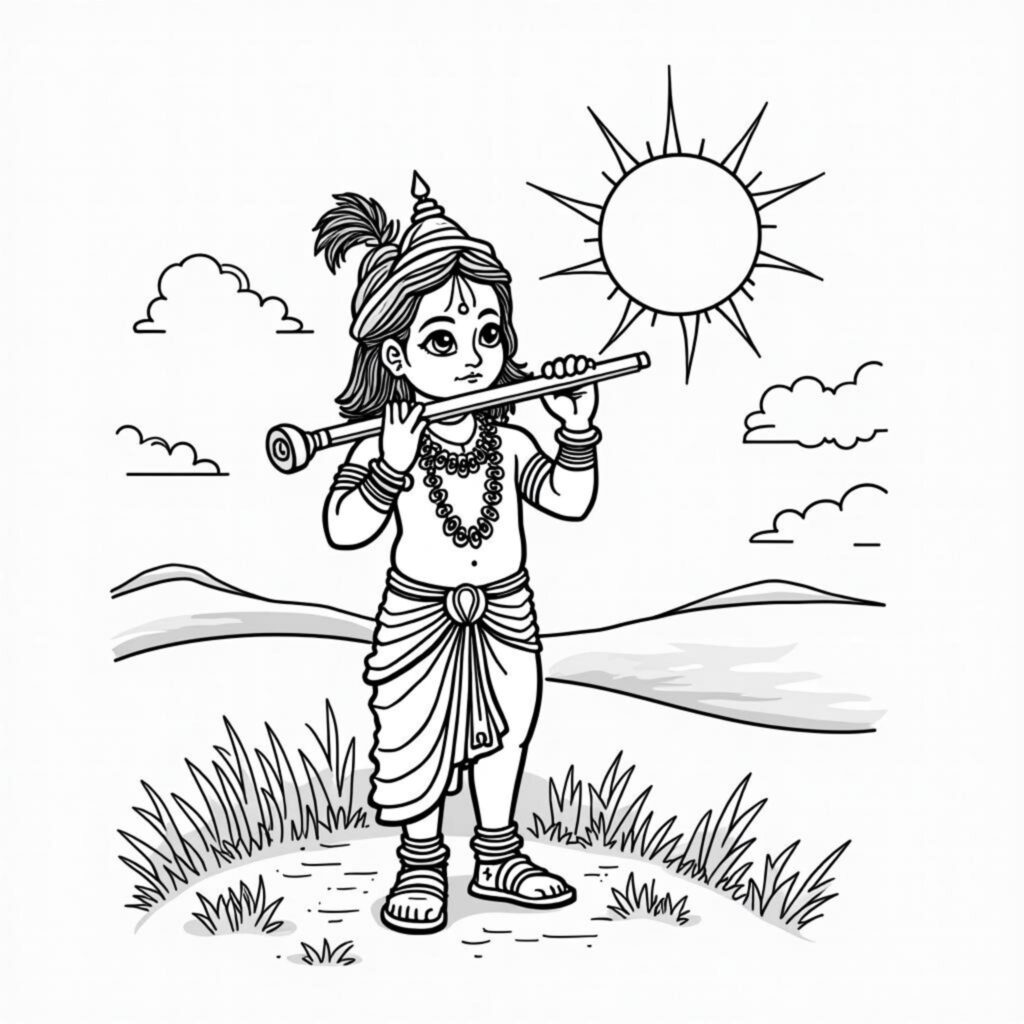 Flyten-unter-Sonnenstrahlen-von-Krishnacopyright-free-kostenlos-ausmalbild-malvorlage-coloringpage