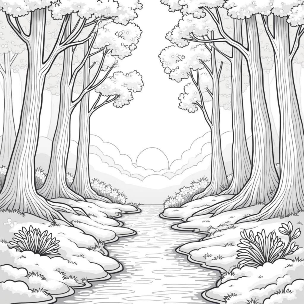 Fryhlingsdymmerung-im-Waldcopyright-free-kostenlos-ausmalbild-malvorlage-coloringpage