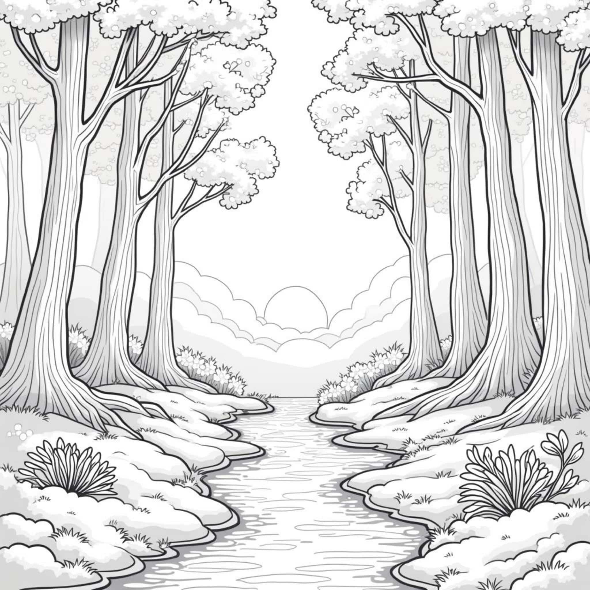 Fryhlingsdymmerung-im-Waldcopyright-free-kostenlos-ausmalbild-malvorlage-coloringpage