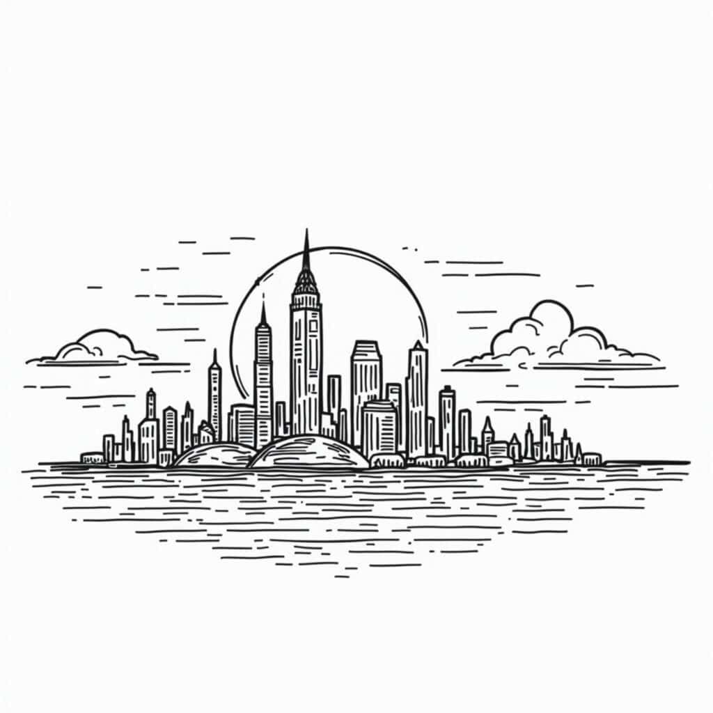 Futuristische-Stadt-im-Sonnenuntergangcopyright-free-kostenlos-ausmalbild-malvorlage-coloringpage