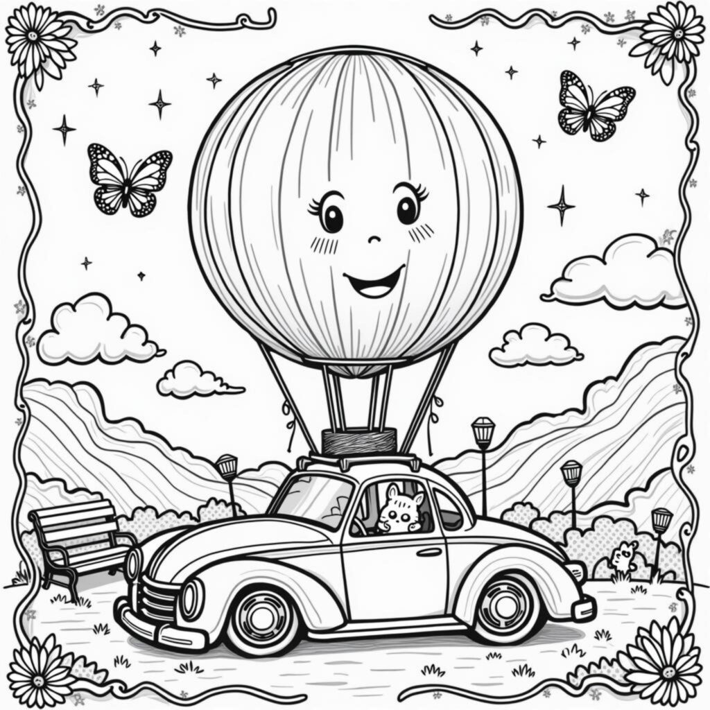 Hitzflugauto-Abenteuer-Spielwelt-mit-Luftballoncopyright-free-kostenlos-ausmalbild-malvorlage-coloringpage