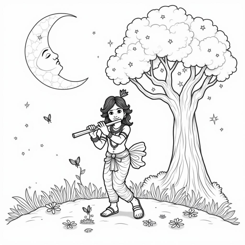 Krishna-Flytenabend-Im-Waldcopyright-free-kostenlos-ausmalbild-malvorlage-coloringpage