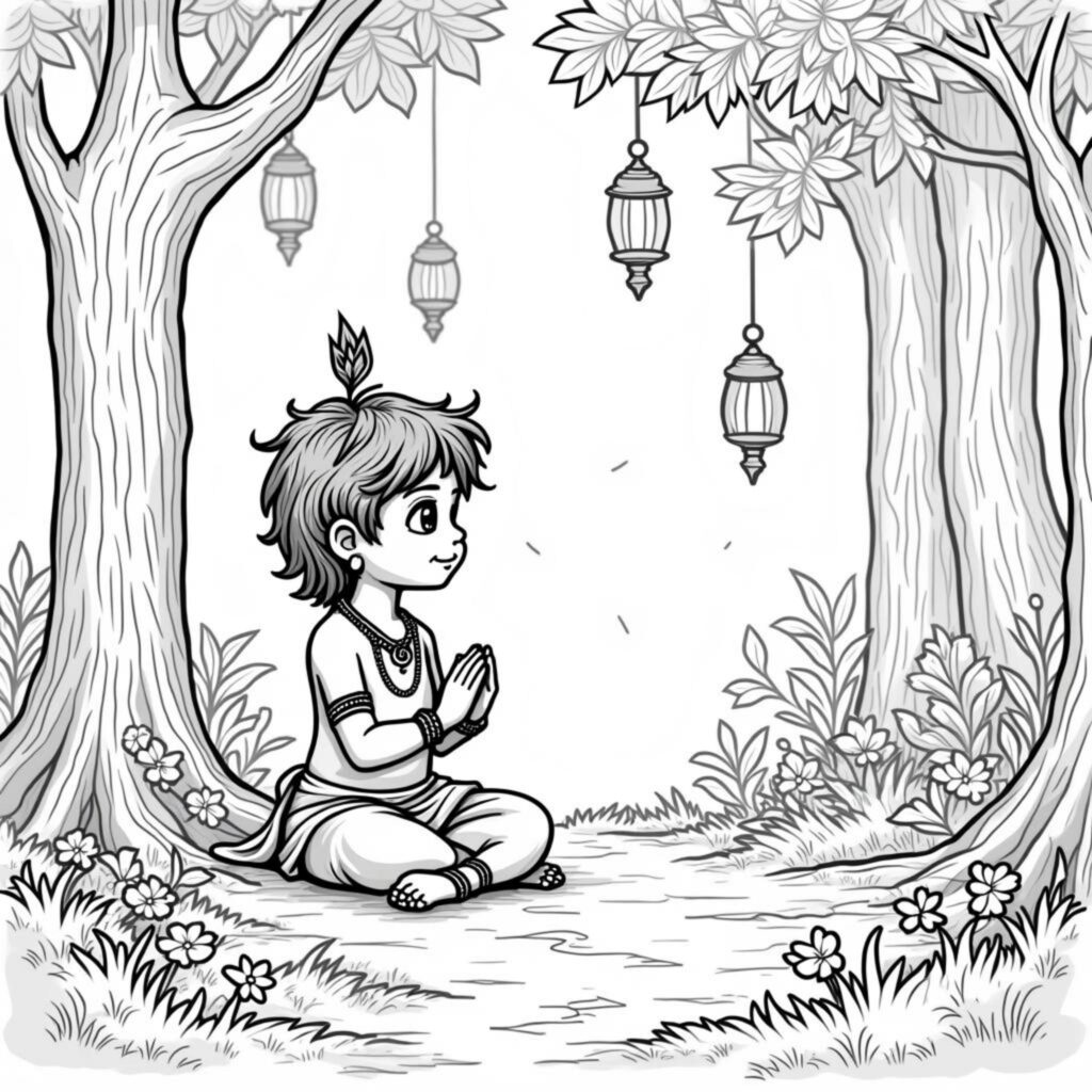 Krishna-In-Meditation-Im-Waldcopyright-free-kostenlos-ausmalbild-malvorlage-coloringpage