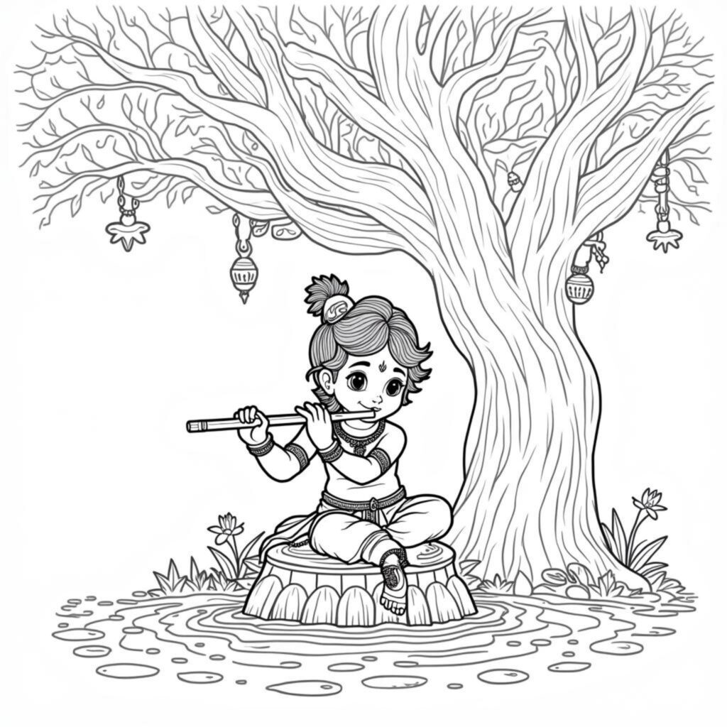 Krishna-Sitz-Unter-Baumcopyright-free-kostenlos-ausmalbild-malvorlage-coloringpage