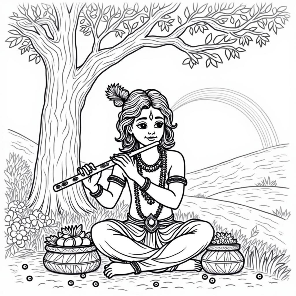 Krishna-Sonnenklang-unter-der-Bambuswurzelcopyright-free-kostenlos-ausmalbild-malvorlage-coloringpage