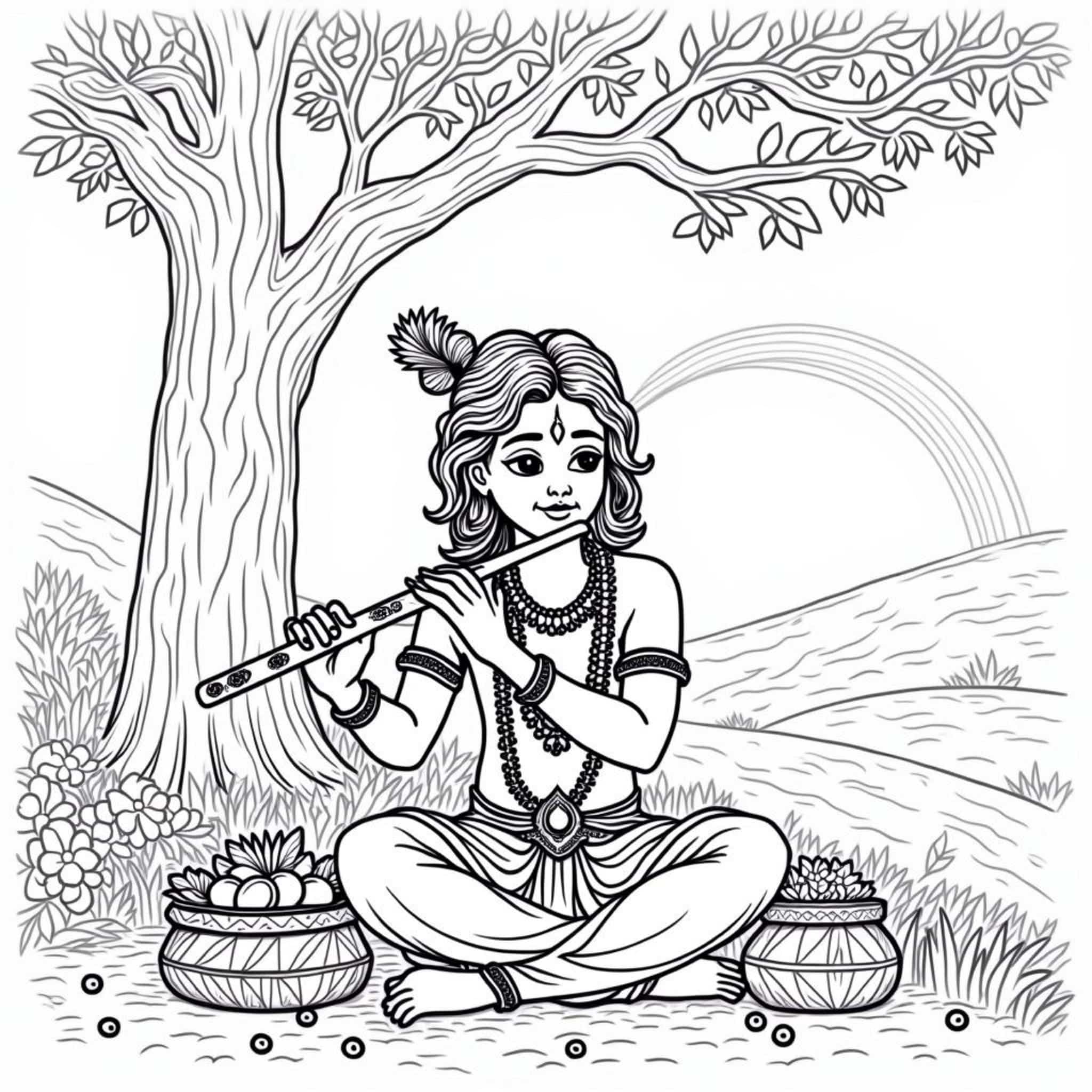Krishna-Sonnenklang-unter-der-Bambuswurzelcopyright-free-kostenlos-ausmalbild-malvorlage-coloringpage