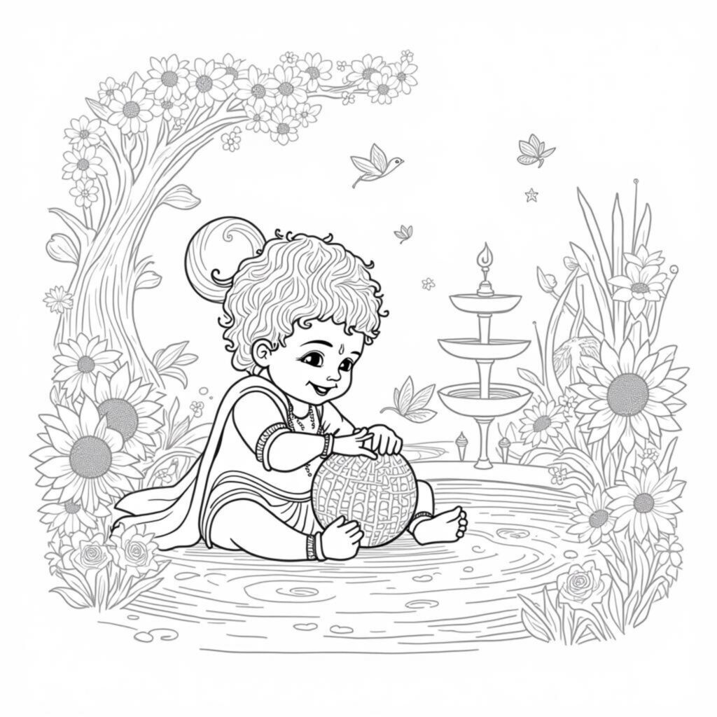 Krishna-Spiel-mit-Lotus-Petalfyrbchencopyright-free-kostenlos-ausmalbild-malvorlage-coloringpage