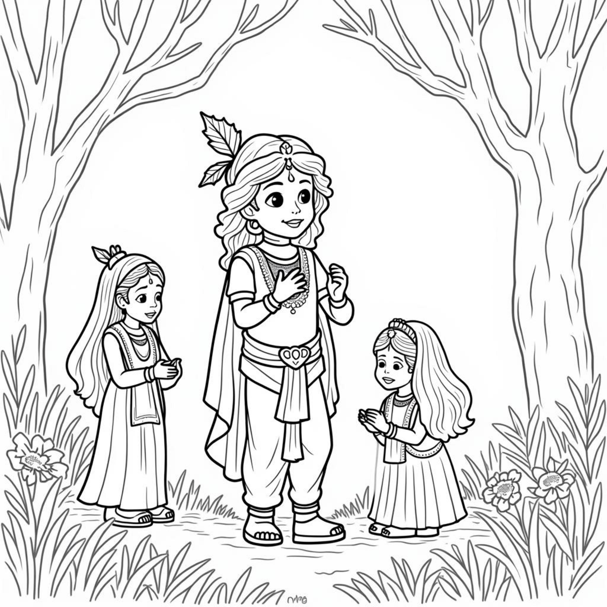 Krishna-im-Blumenwald-mit-Gyppelinnencopyright-free-kostenlos-ausmalbild-malvorlage-coloringpage