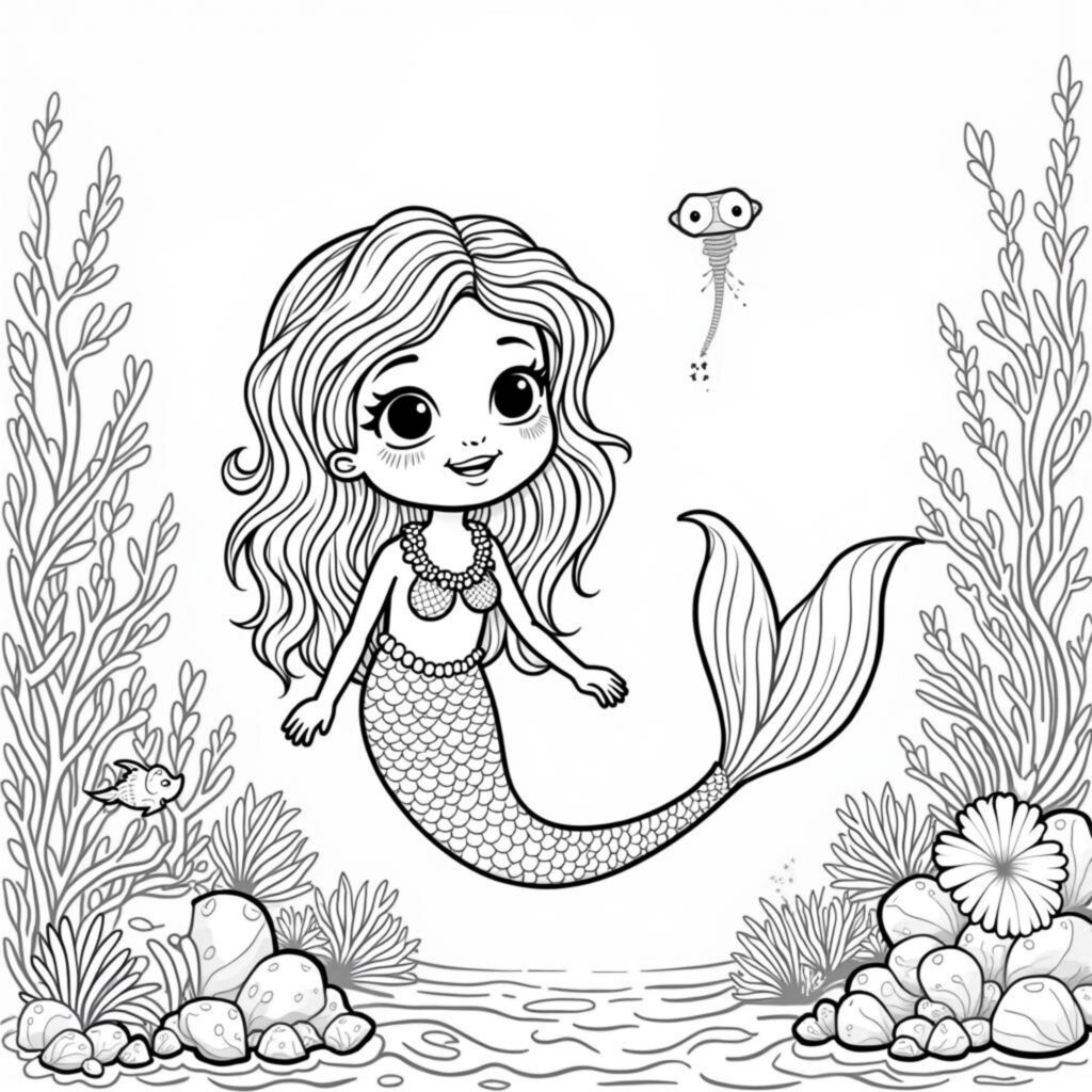 Meerespirus-Meerjungfrau-mit-Seegras-und-Schalentierencopyright-free-kostenlos-ausmalbild-malvorlage-coloringpage