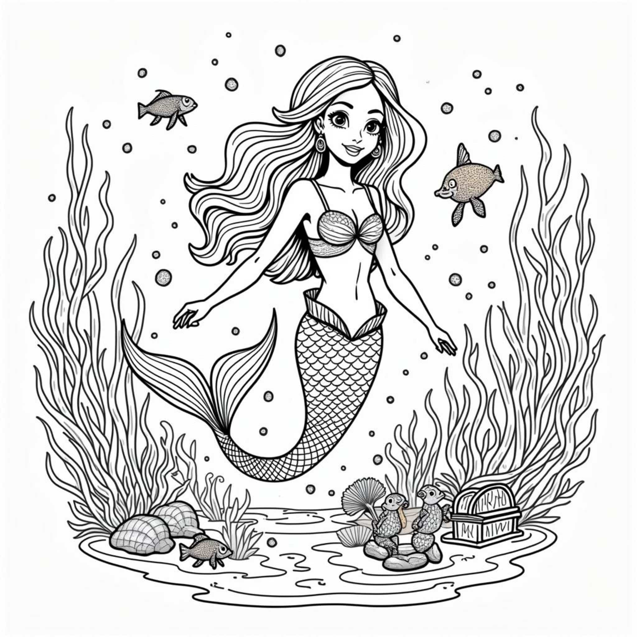 Meeresprinzessin-Die-goldene-Schwimmende-Prinzessincopyright-free-kostenlos-ausmalbild-malvorlage-coloringpage