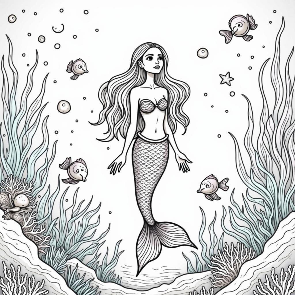 Meerjungfrau-Unterwasserparadiescopyright-free-kostenlos-ausmalbild-malvorlage-coloringpage