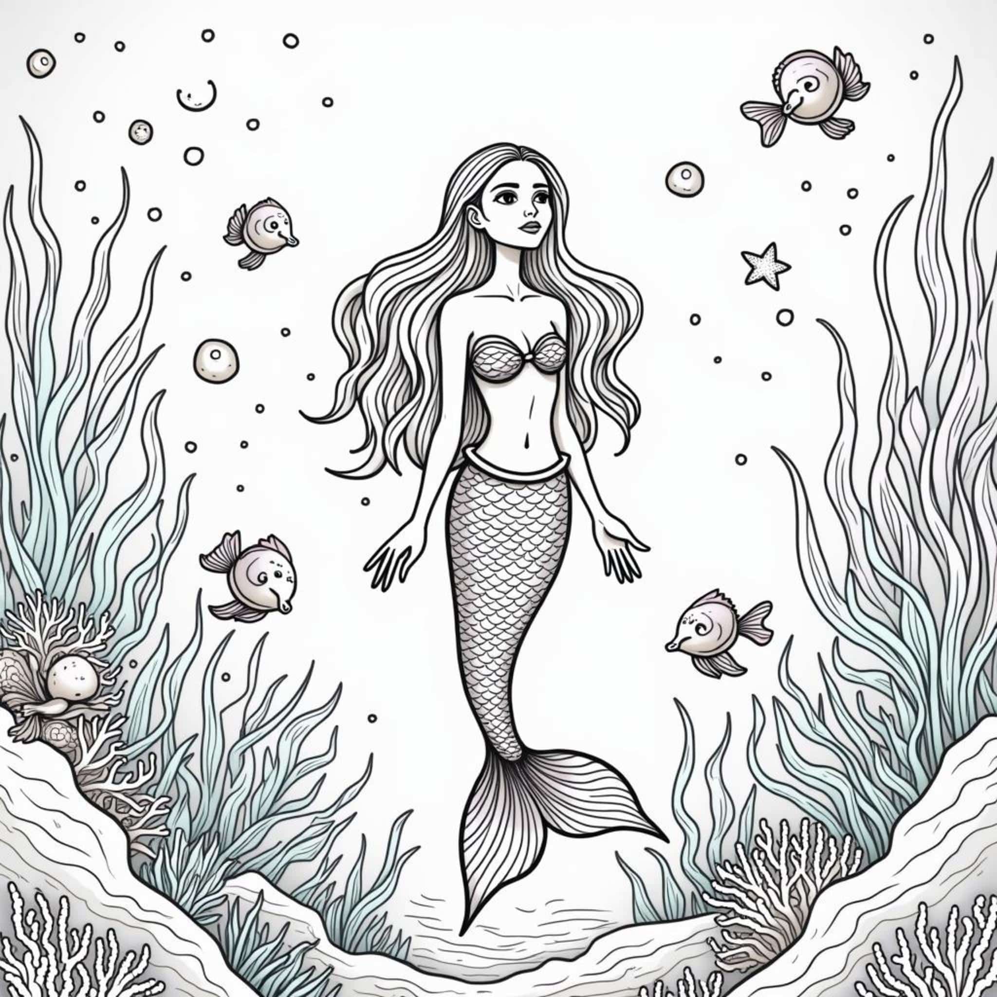 Meerjungfrau-Unterwasserparadiescopyright-free-kostenlos-ausmalbild-malvorlage-coloringpage
