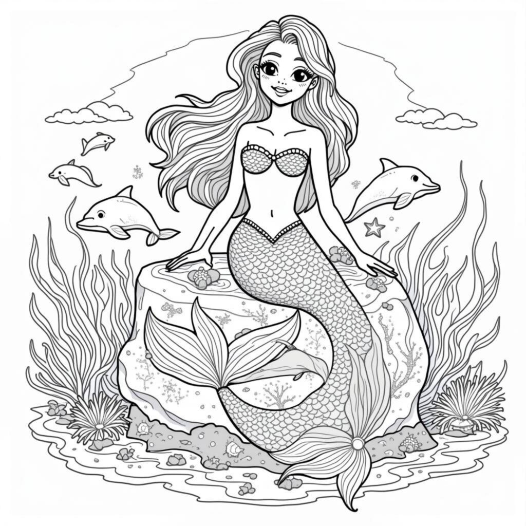Mermaid-Paradies-Unterwasser-Wunderlandcopyright-free-kostenlos-ausmalbild-malvorlage-coloringpage