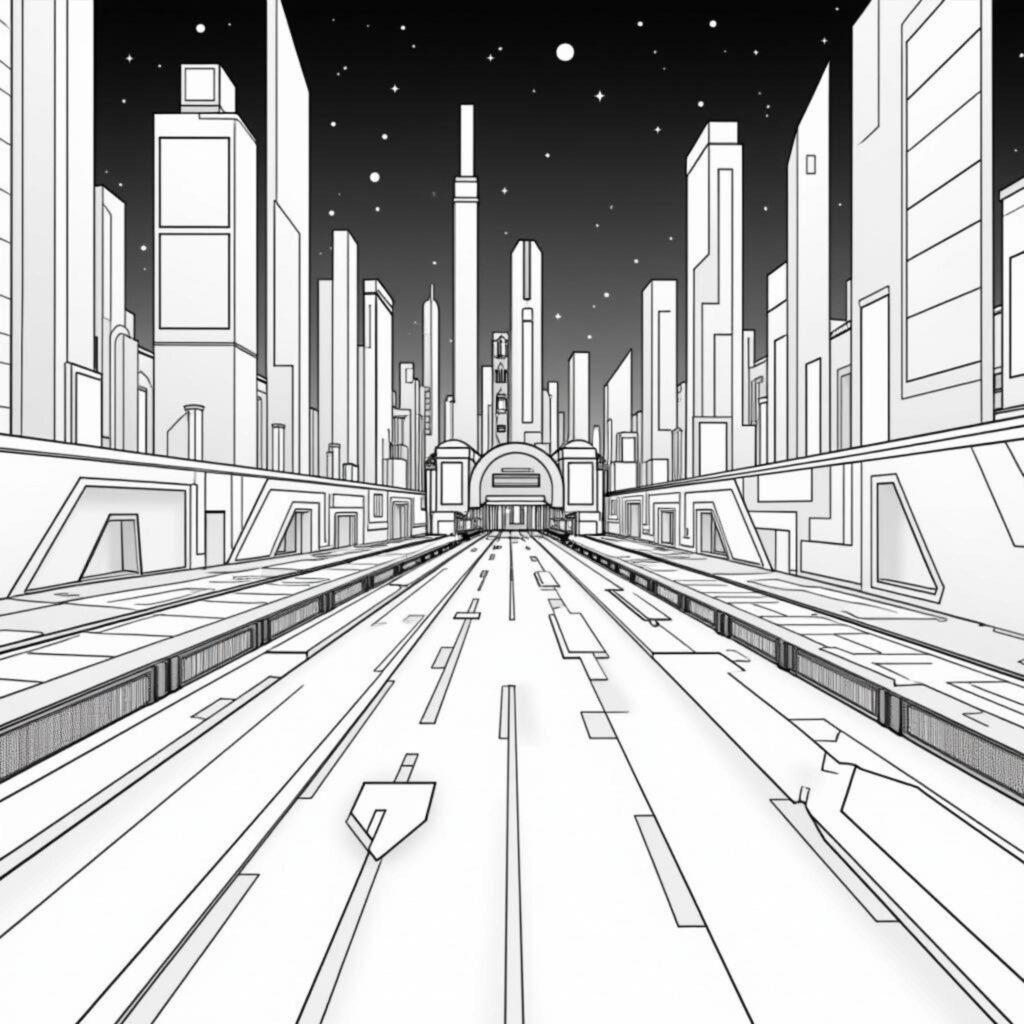 Moderne-Stadtlandschaft-Sonnenuntergang.jpgcopyright-free-kostenlos-ausmalbild-malvorlage-coloringpage