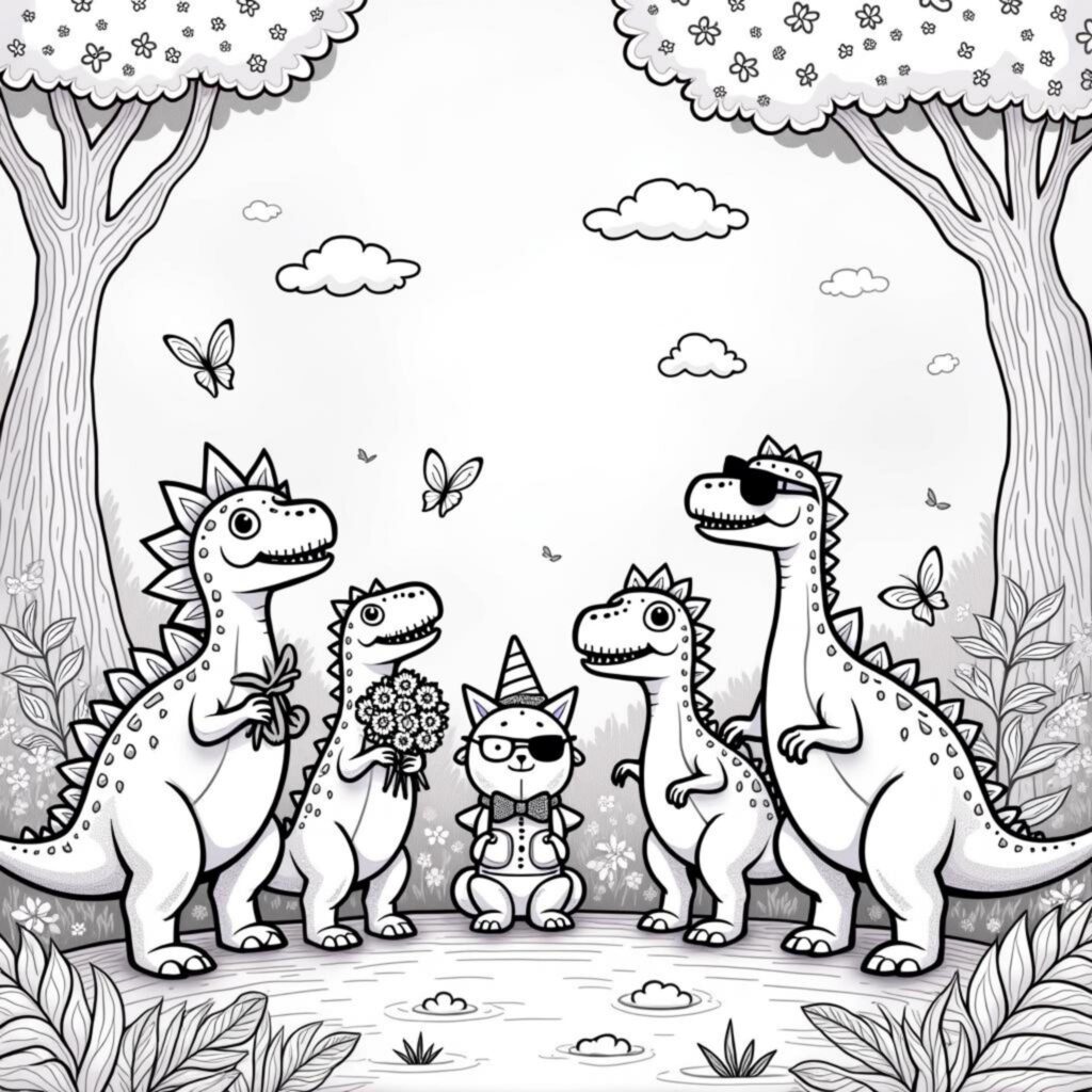 Pryhistorische-Freundschaften-Farbenfrohe-Dinosaurier-im-Wunderschynen-Waldcopyright-free-kostenlos-ausmalbild-malvorlage-coloringpage
