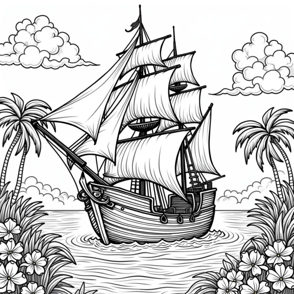 Schiff-Schatzkarte-Im-Fernencopyright-free-kostenlos-ausmalbild-malvorlage-coloringpage
