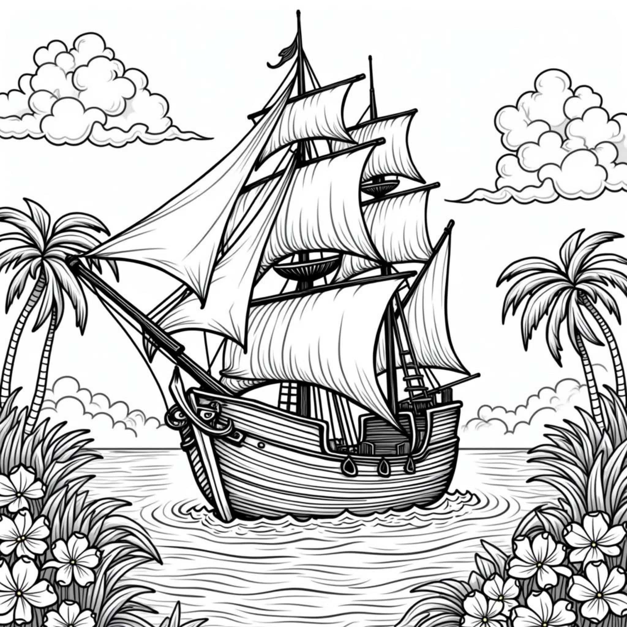 Schiff-Schatzkarte-Im-Fernencopyright-free-kostenlos-ausmalbild-malvorlage-coloringpage