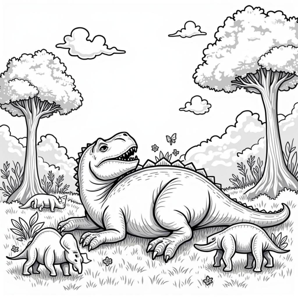 Schlafender-Tyrannosaurus-Rex-Waldmeer-Paradiescopyright-free-kostenlos-ausmalbild-malvorlage-coloringpage