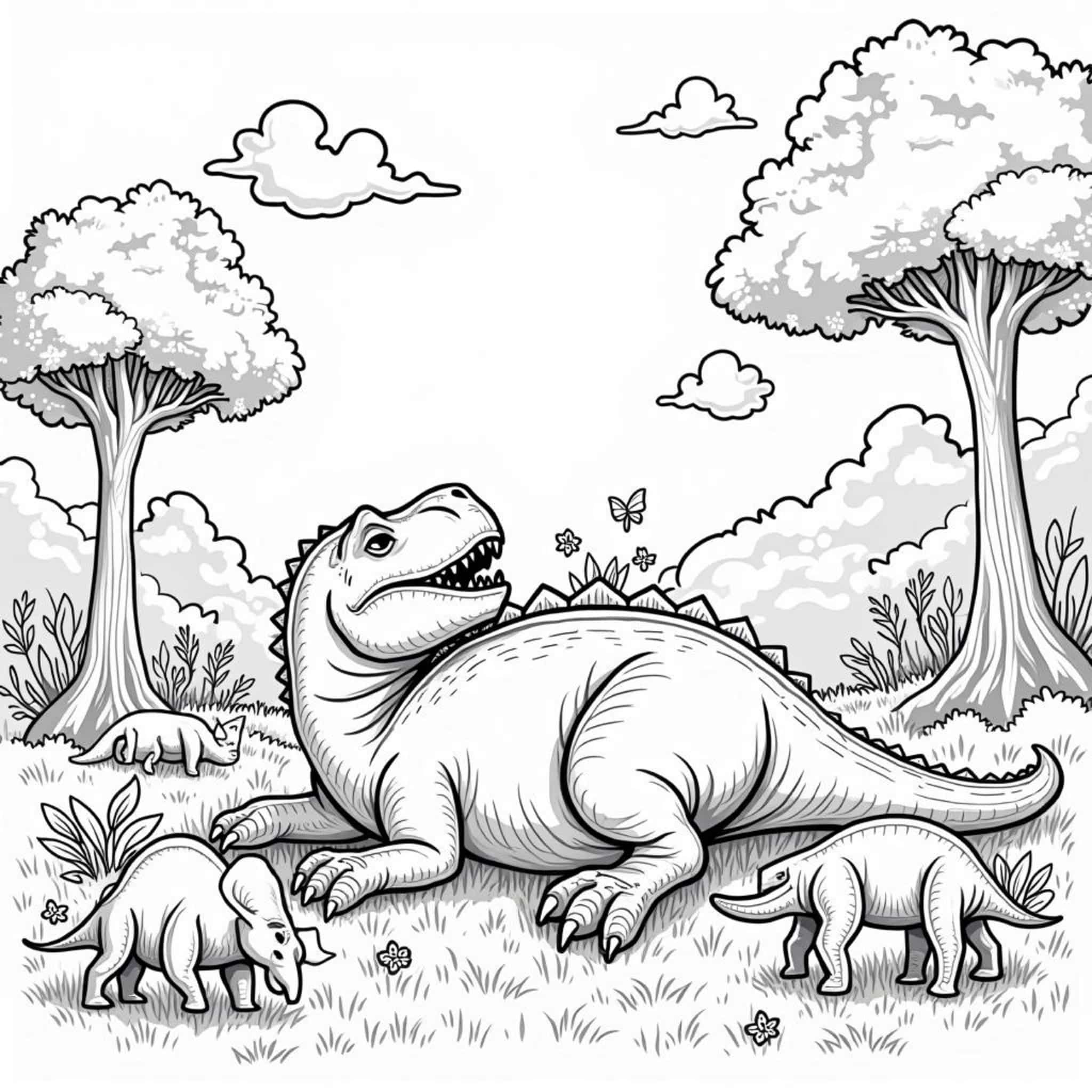 Schlafender-Tyrannosaurus-Rex-Waldmeer-Paradiescopyright-free-kostenlos-ausmalbild-malvorlage-coloringpage