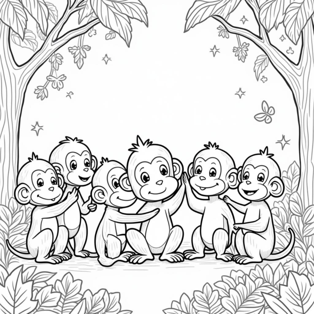 Schwungende-Affenfreunde-im-tropischen-Paradiescopyright-free-kostenlos-ausmalbild-malvorlage-coloringpage