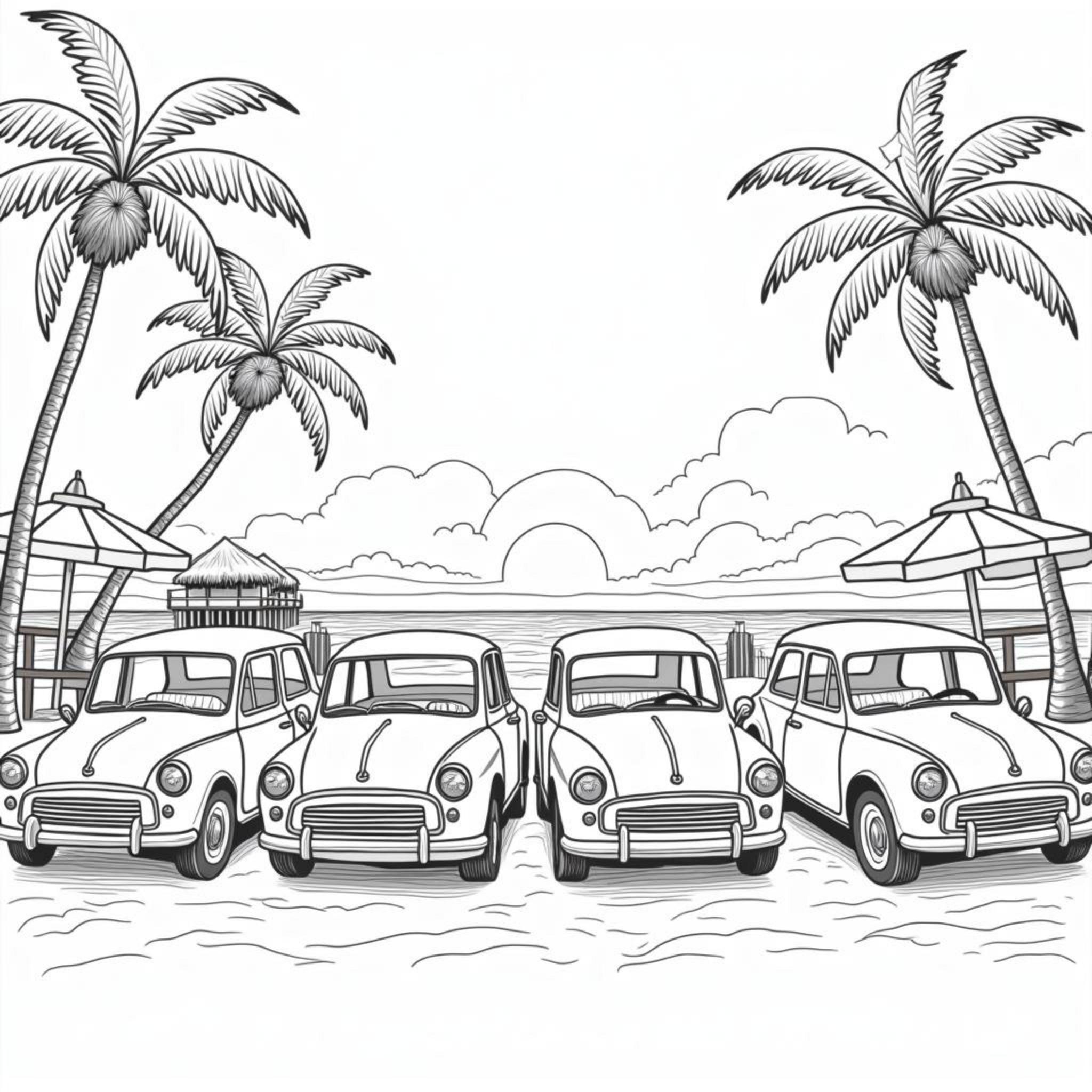 Strand-Parkplatz-Vintage-Autoscopyright-free-kostenlos-ausmalbild-malvorlage-coloringpage