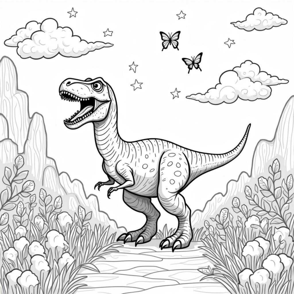 Tyrannosaurus-Rex-Fantasy-Landschaftcopyright-free-kostenlos-ausmalbild-malvorlage-coloringpage