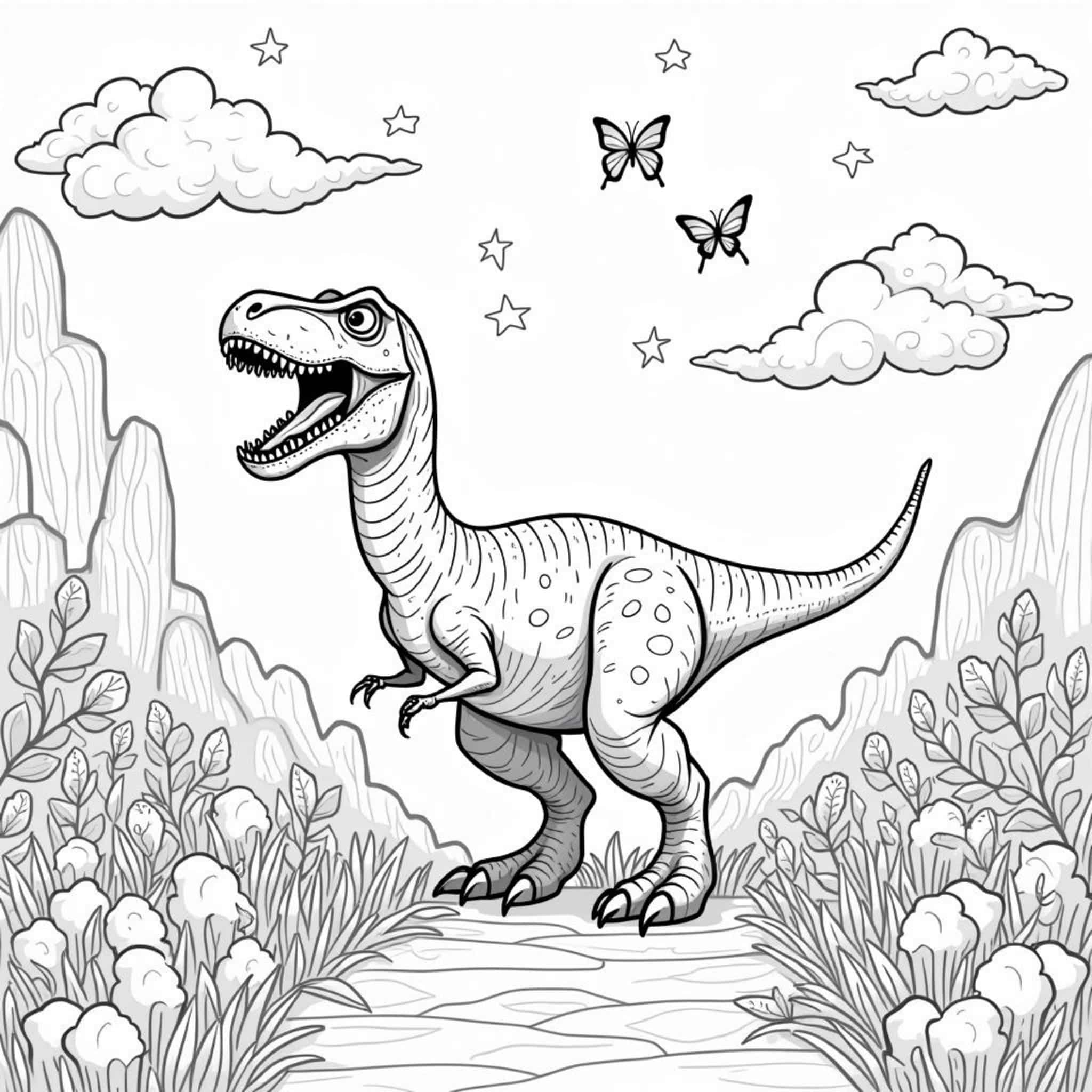 Tyrannosaurus-Rex-Fantasy-Landschaftcopyright-free-kostenlos-ausmalbild-malvorlage-coloringpage