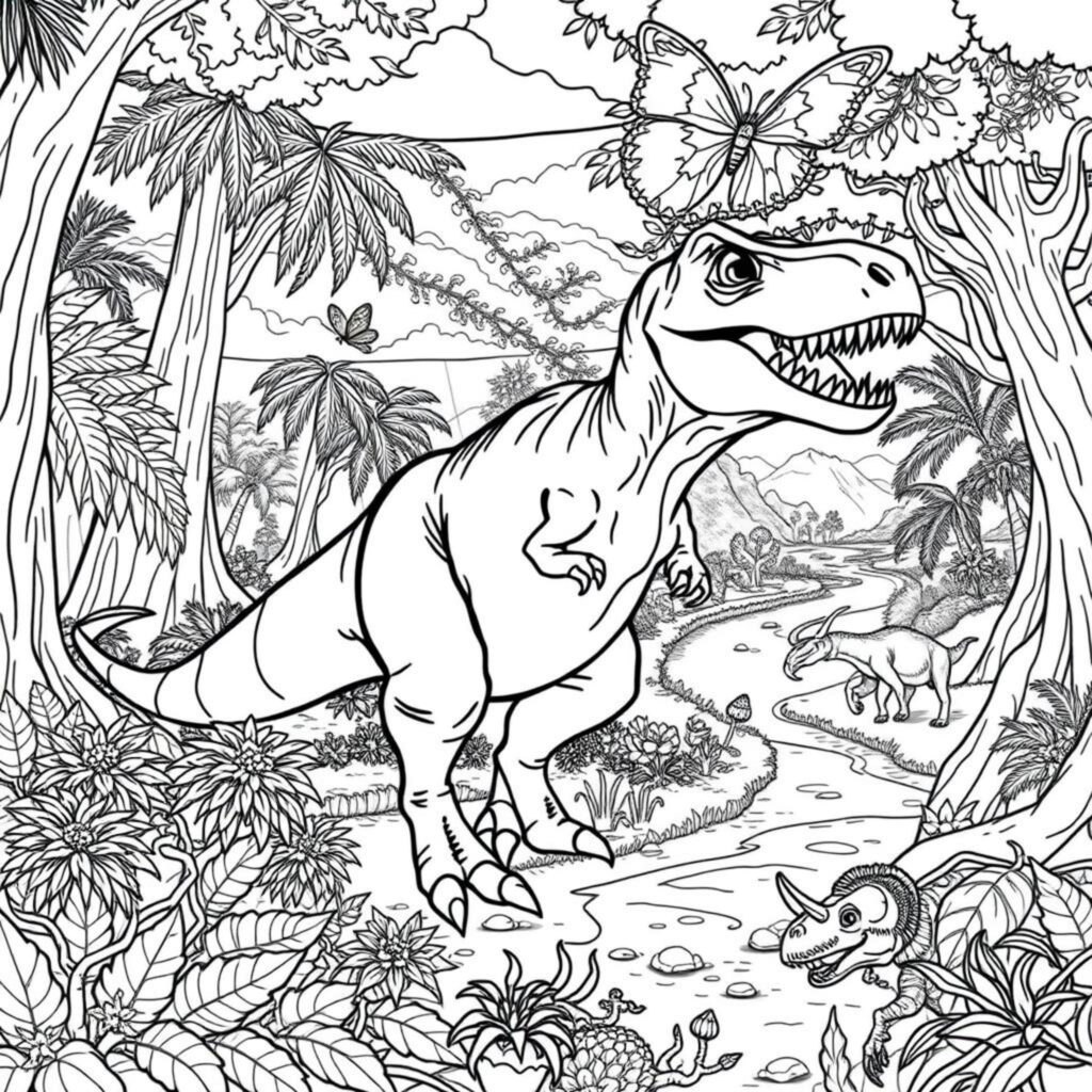 Tyrannosaurus-Rex-im-Urwaldcopyright-free-kostenlos-ausmalbild-malvorlage-coloringpage