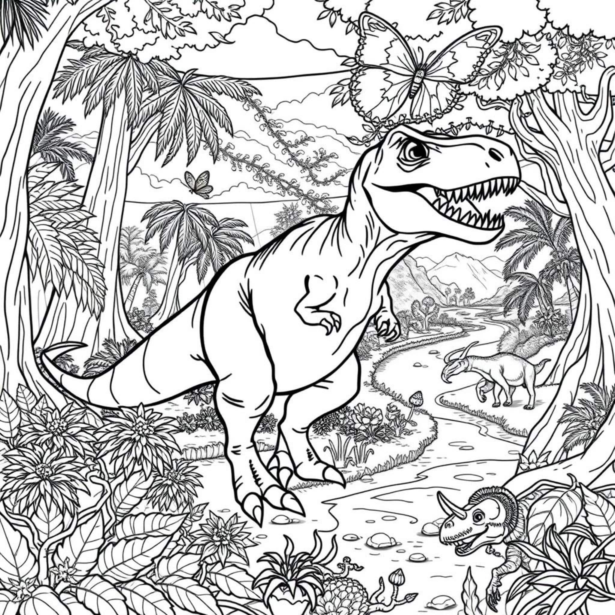 Tyrannosaurus-Rex-im-Urwaldcopyright-free-kostenlos-ausmalbild-malvorlage-coloringpage