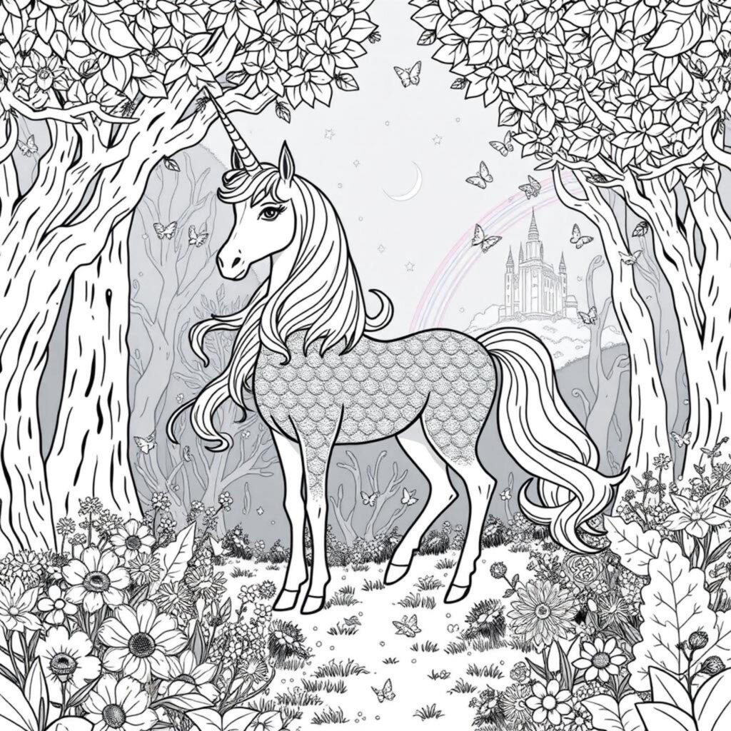 Unicorn-Elfenschild-Wunderlandcopyright-free-kostenlos-ausmalbild-malvorlage-coloringpage