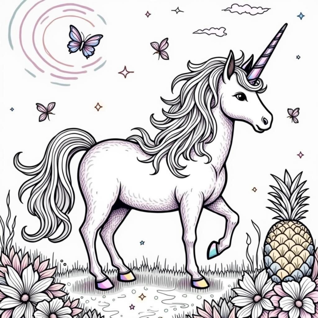 Unicorn-Pineapple-Paradiescopyright-free-kostenlos-ausmalbild-malvorlage-coloringpage
