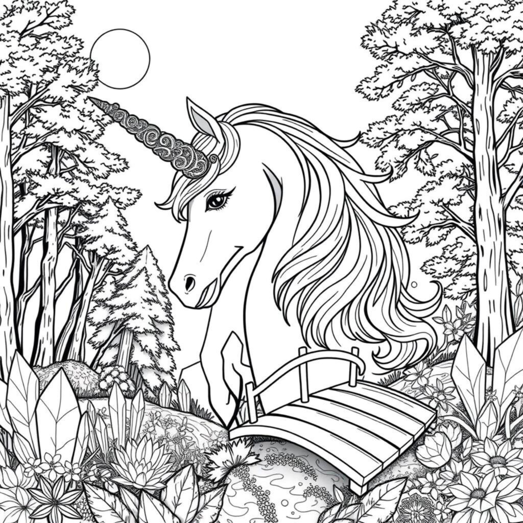 Unicorn-Waldszenecopyright-free-kostenlos-ausmalbild-malvorlage-coloringpage