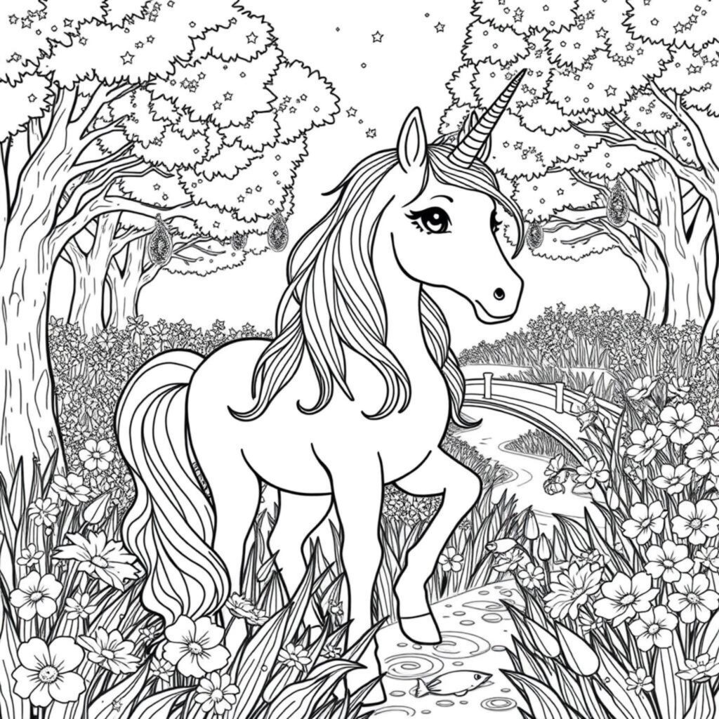 Unicornenmagie-Schwanenmyrchen-landschaft-Detailscopyright-free-kostenlos-ausmalbild-malvorlage-coloringpage