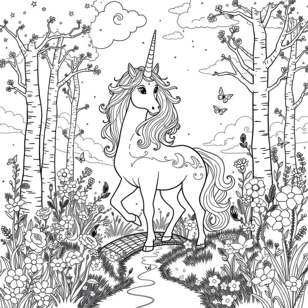 Unicorntraum-Magisches-Waldparadiescopyright-free-kostenlos-ausmalbild-malvorlage-coloringpage