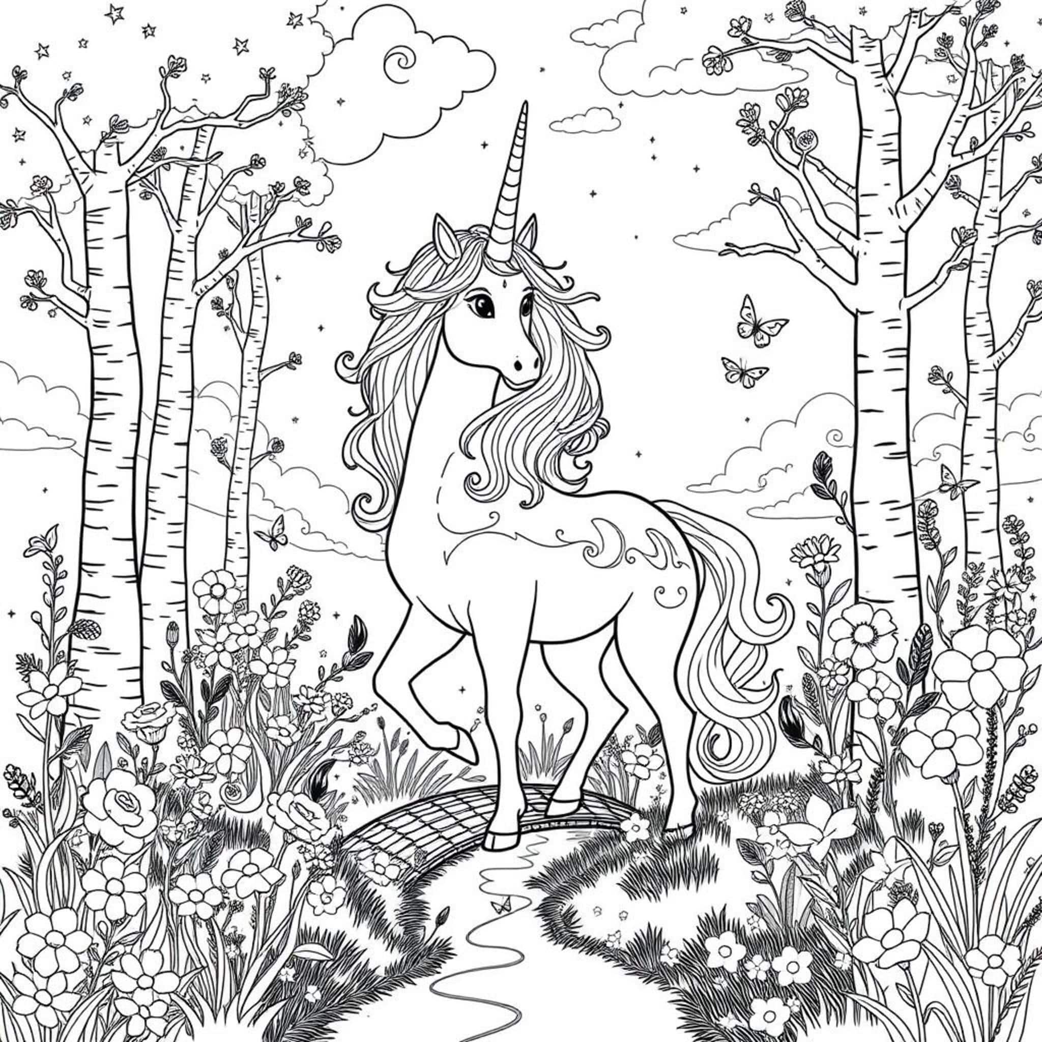 Unicorntraum-Magisches-Waldparadiescopyright-free-kostenlos-ausmalbild-malvorlage-coloringpage