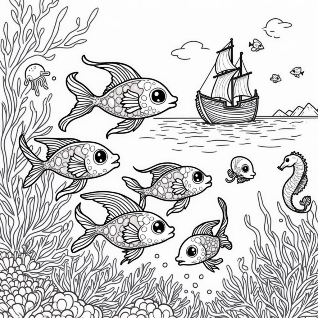Unterwasserreich-Iridenische-Fische-und-Geheimnisse-der-Korallencopyright-free-kostenlos-ausmalbild-malvorlage-coloringpage