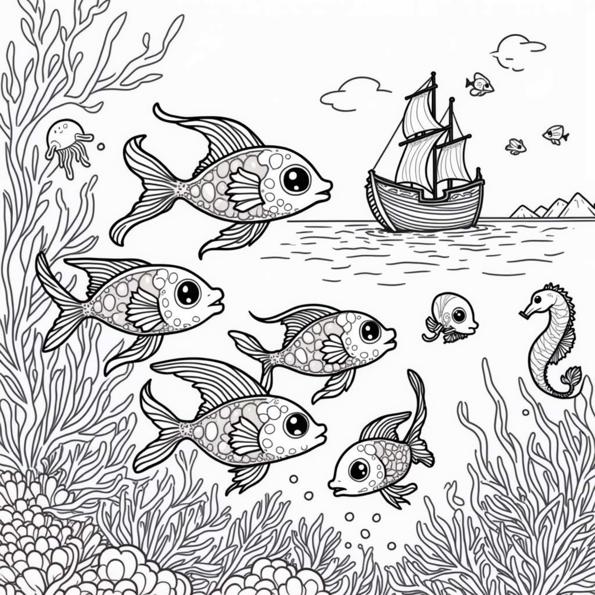 Unterwasserreich-Iridenische-Fische-und-Geheimnisse-der-Korallencopyright-free-kostenlos-ausmalbild-malvorlage-coloringpage