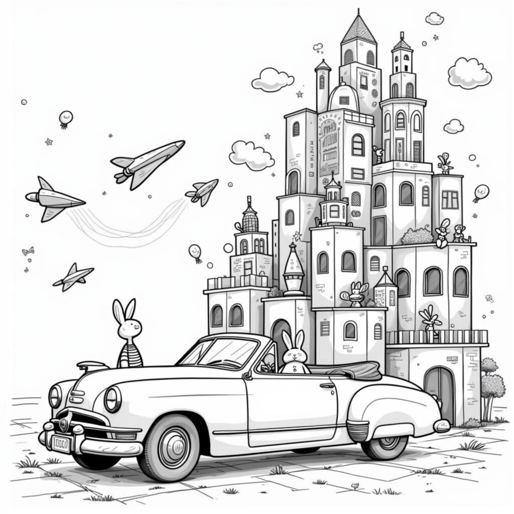 Vintage-Auto-Wunderland-Kartenstadtcopyright-free-kostenlos-ausmalbild-malvorlage-coloringpage