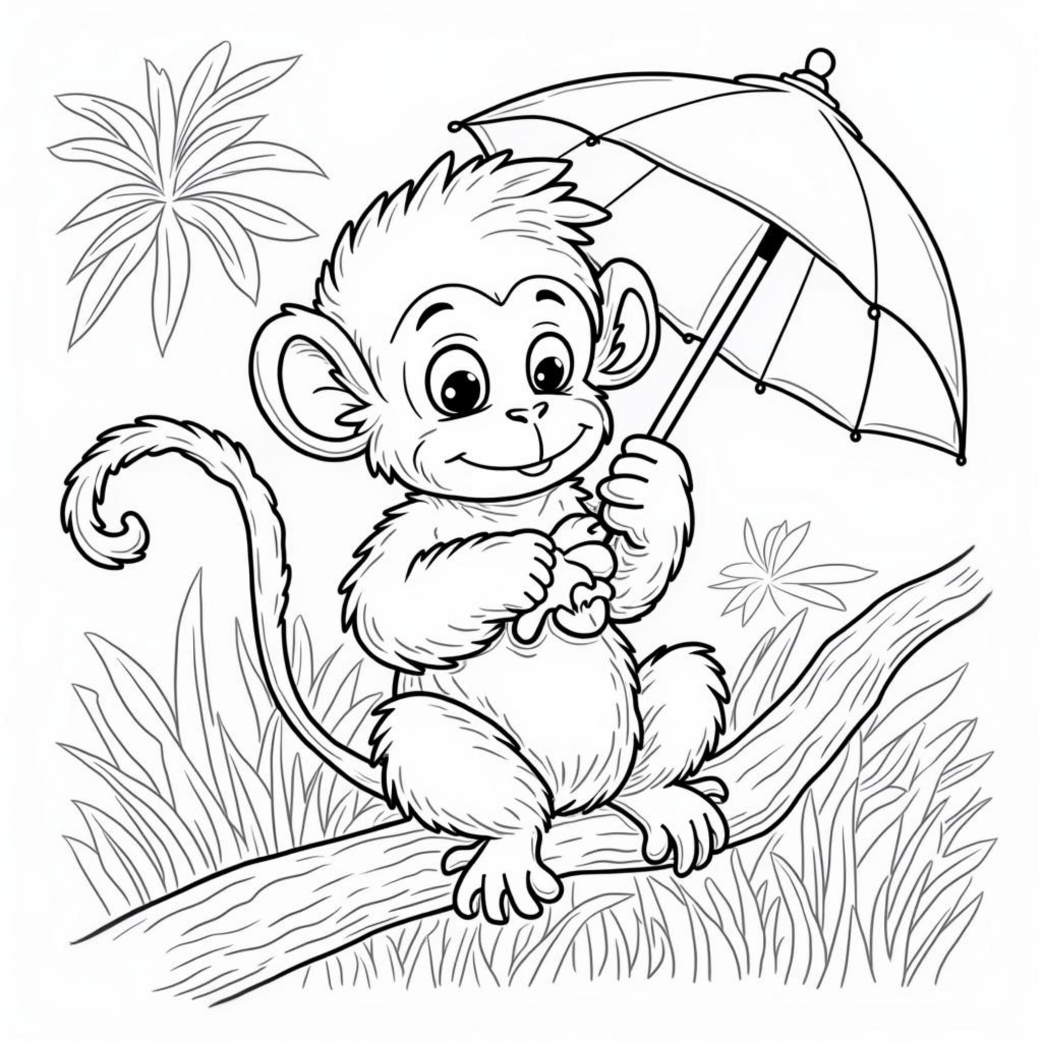Violetter-Affengeist-mit-Banana-und-Sonnenschirmcopyright-free-kostenlos-ausmalbild-malvorlage-coloringpage