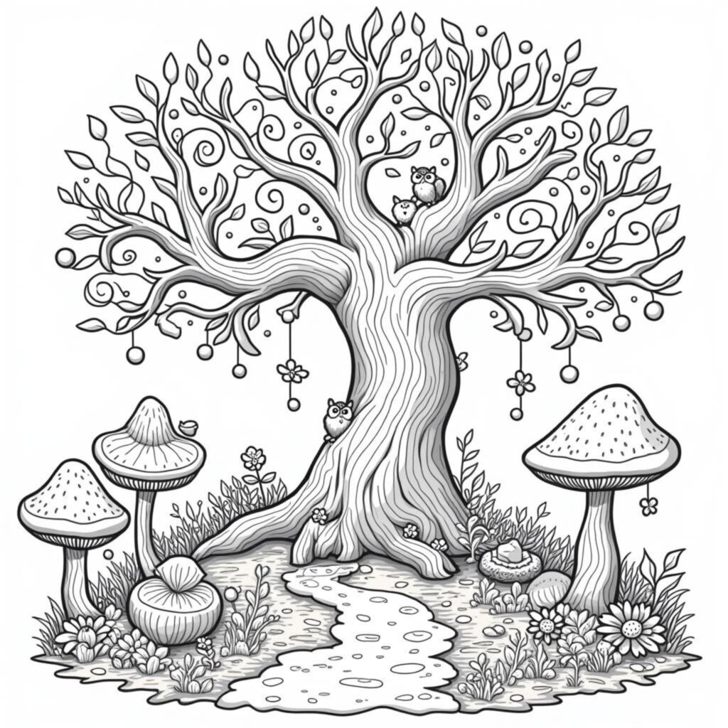 alte-baum-mit-tieren-und-feenlichtern.jpgcopyright-free-kostenlos-ausmalbild-malvorlage-coloringpage