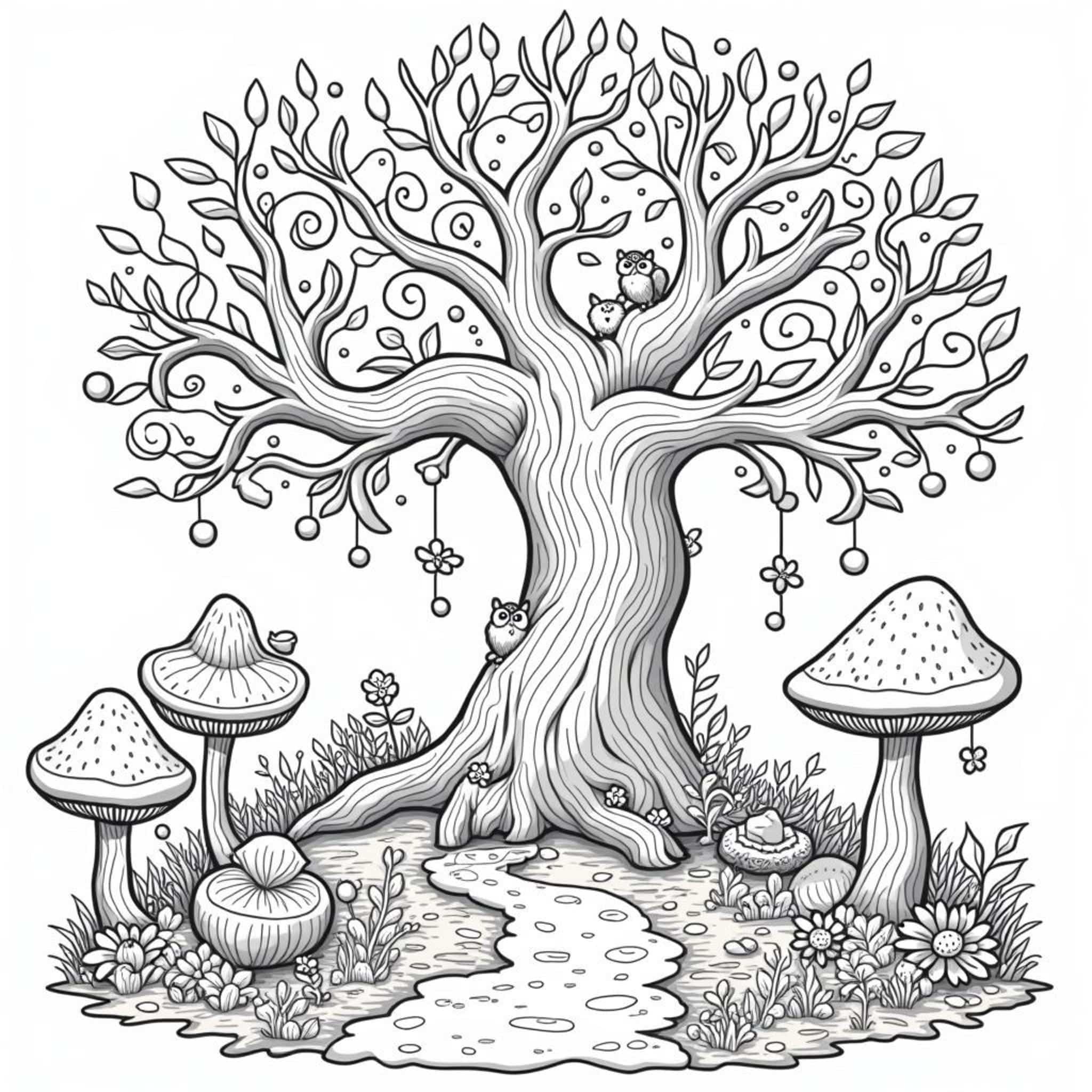 alte-baum-mit-tieren-und-feenlichtern.jpgcopyright-free-kostenlos-ausmalbild-malvorlage-coloringpage